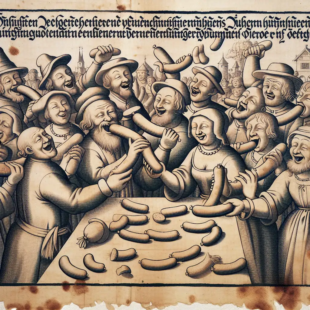A depiction of a historic parchment showing Zurich citizens enjoying sausages in defiance.