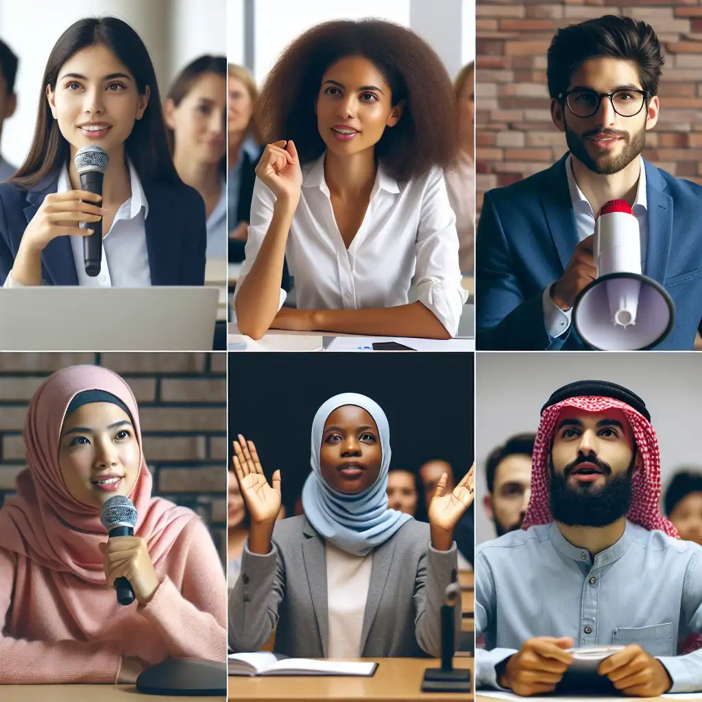 Collage of diverse individuals confidently speaking up in various settings.