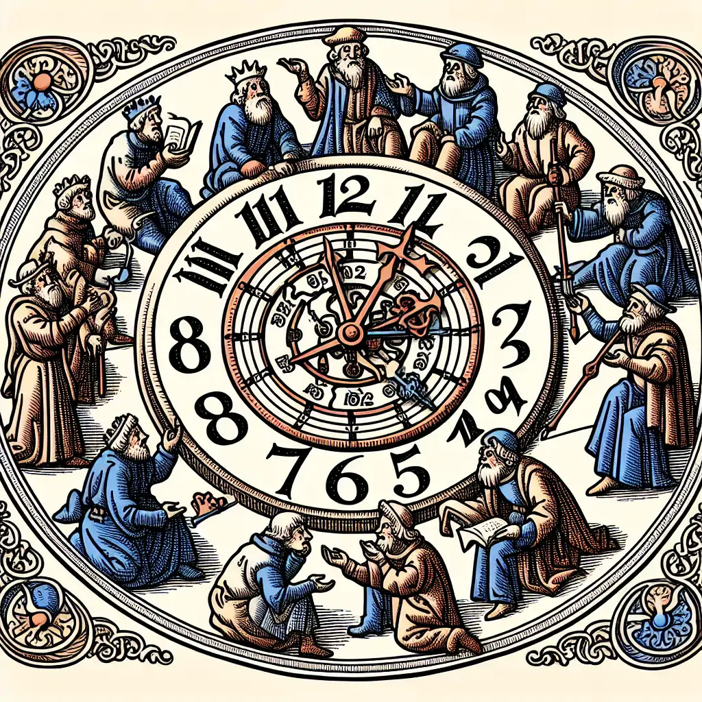 A whimsical illustration of a clock with missing numbers, surrounded by medieval figures debating over time.