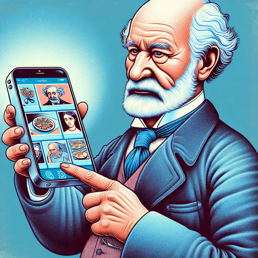 A whimsical illustration of Sigmund Freud holding a smartphone, scrolling through an Instagram feed filled with selfies, food pics, and inspirational quotes.