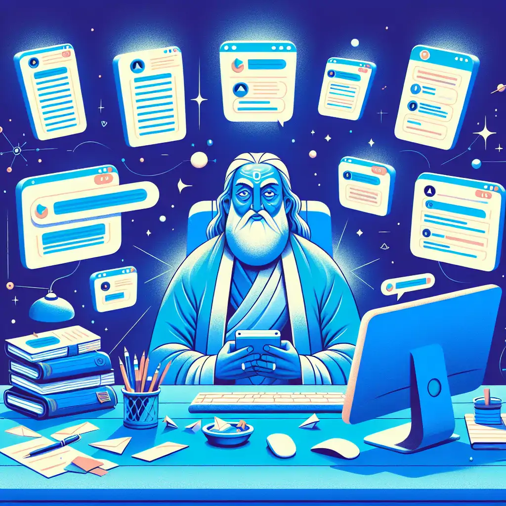 A whimsical illustration of the Dalai Lama sitting at a modern desktop with various notifications from phones, tablets, and computers surrounding him.