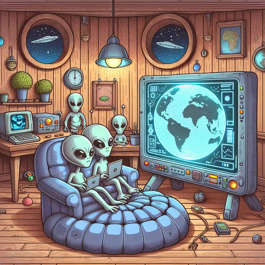 An illustration of aliens sitting in a cozy room watching Earth trends on a futuristic screen.