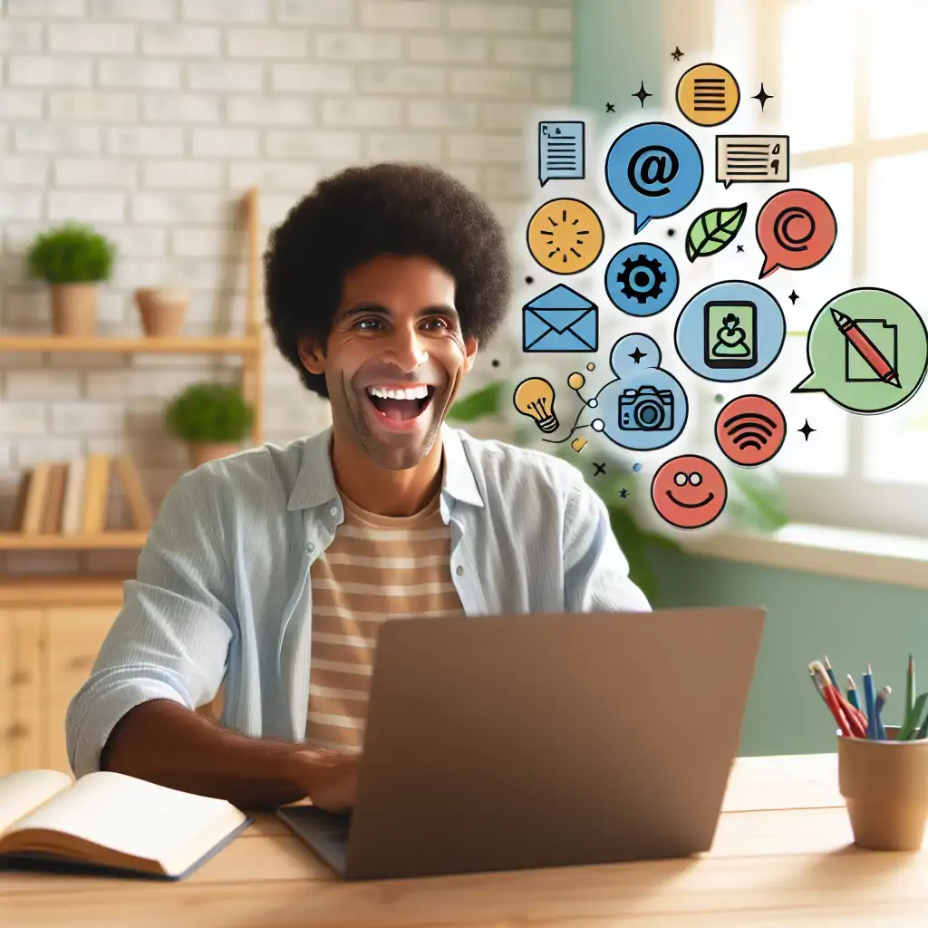 An enthusiastic blogger exploring various digital tools on a laptop, surrounded by icons representing blogging resources.