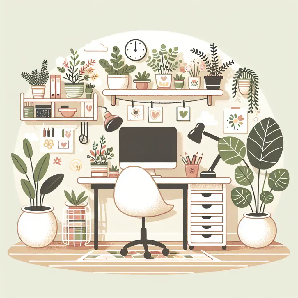 A cozy and well-organized home office setup with desk, plants, and office chair.