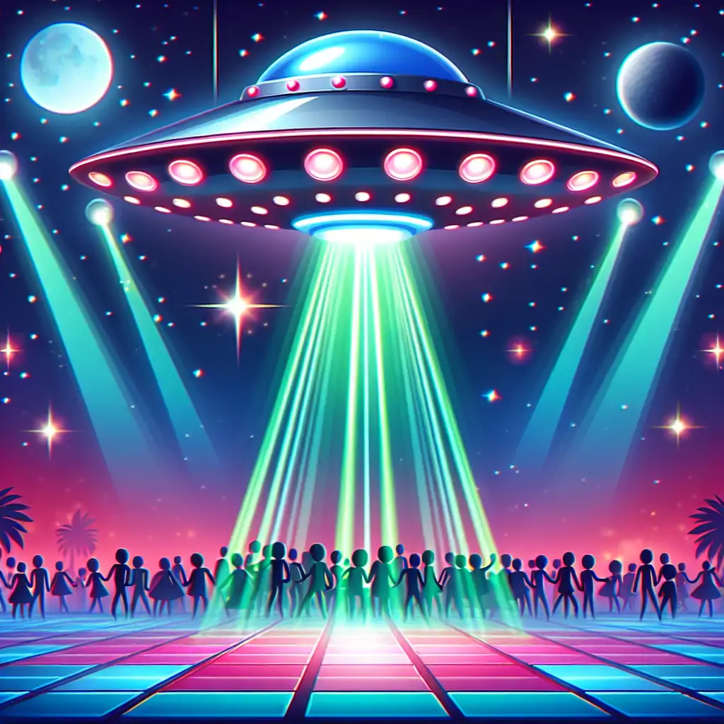 An image of a UFO hovering above a lively dance floor, beams of light in sync with the music.