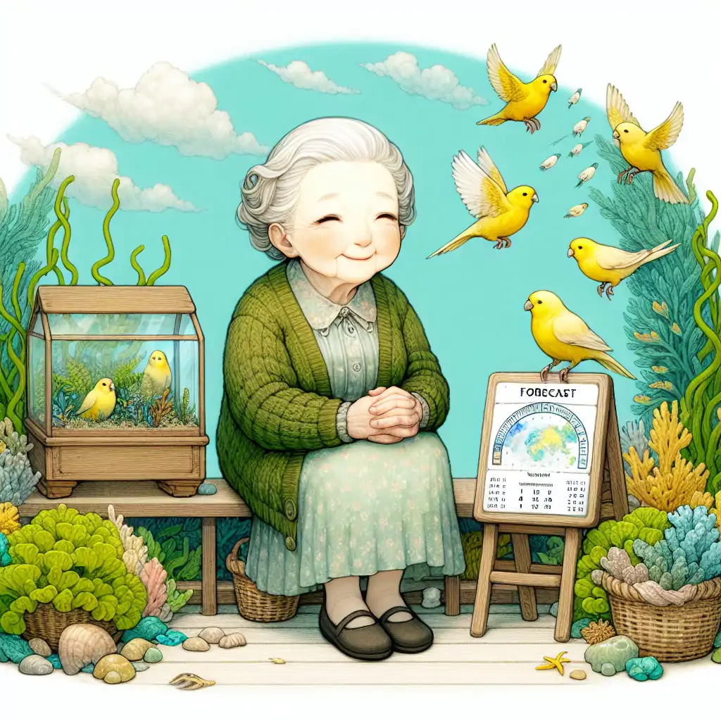 Winifred on her porch surrounded by seaweed and canaries, presenting a forecast.