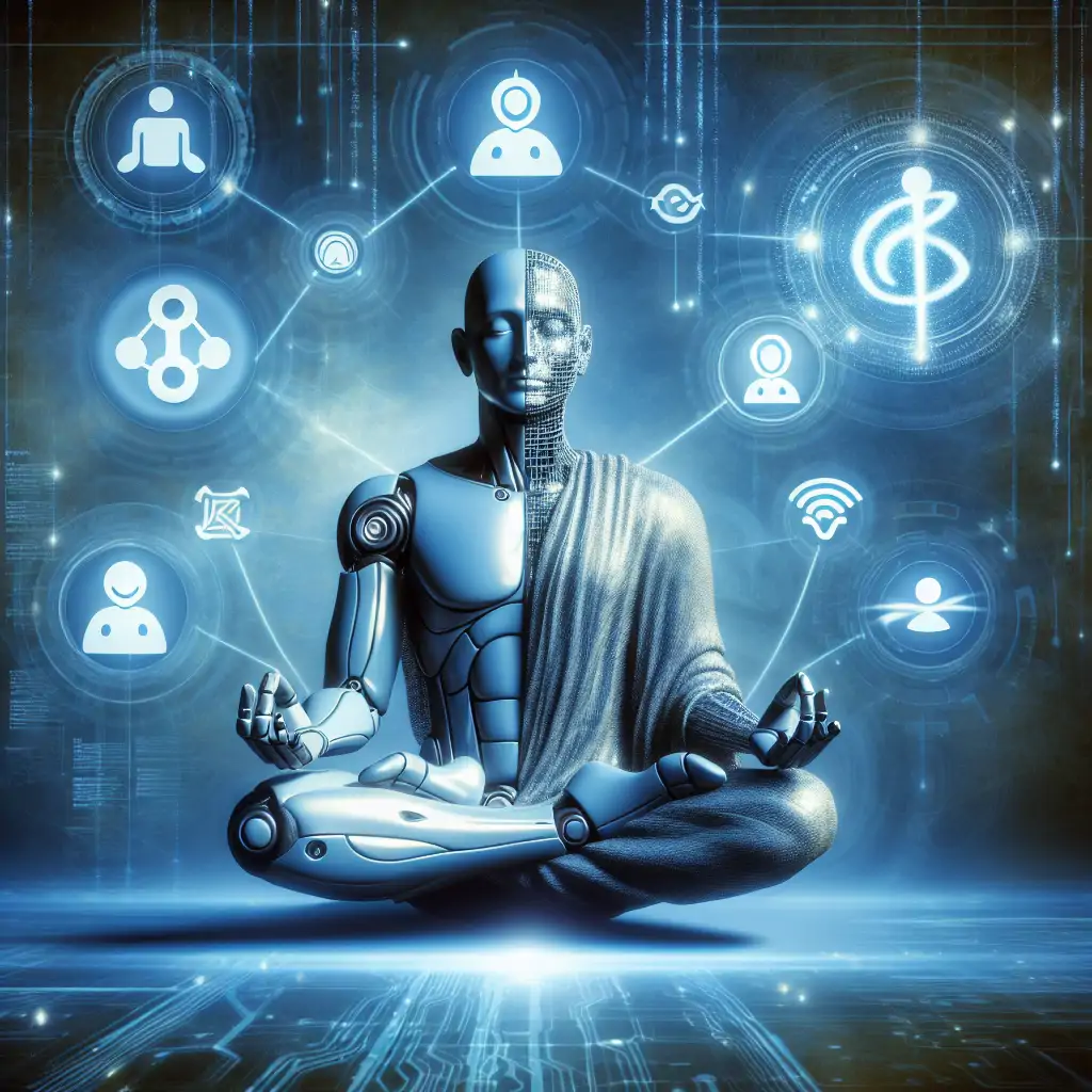 A serene image of AristotleBot meditating with icons of social media apps in the background, symbolizing balance and moderation.