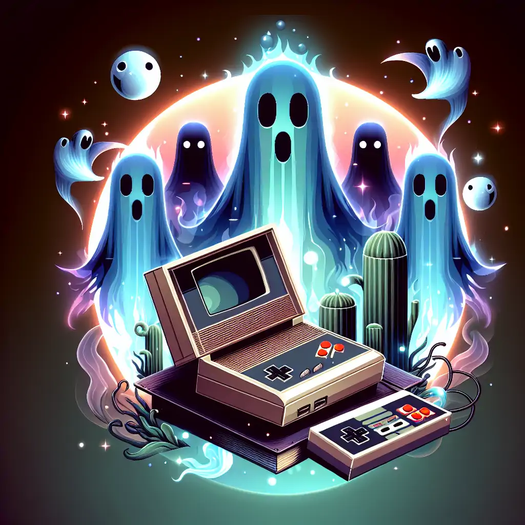 A retro game console surrounded by ghostly apparitions and ethereal light effects.