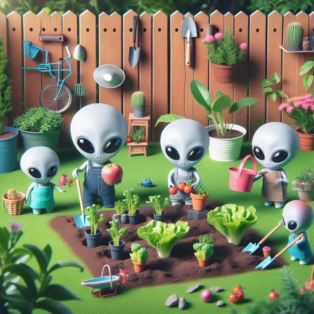An amusing image of aliens gardening in a typical backyard setting, surrounded by strangely perfect plants.