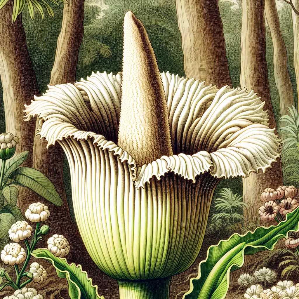 A close-up of a blooming Corpse Flower in a botanical garden, emitting its characteristic odor.