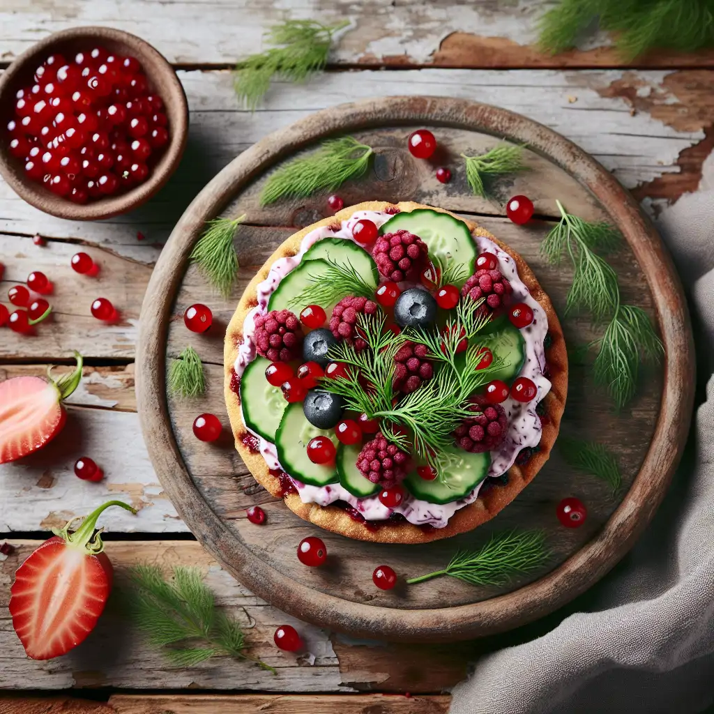 A beautifully plated Vegan Dill and Lingonberry Smørrebrød on a rustic wooden table.