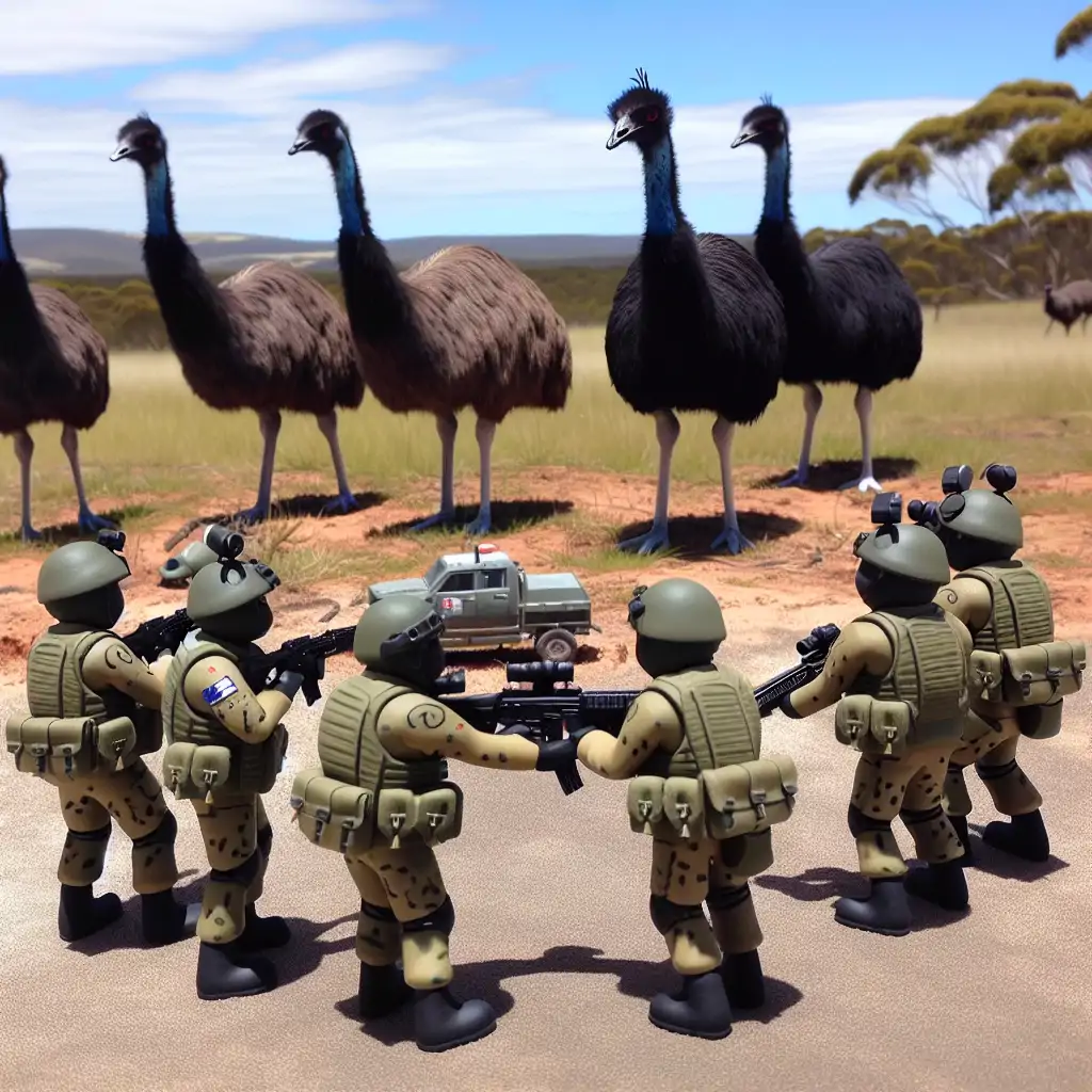 Australian soldiers armed with machine guns facing off against a group of emus, showcasing the unusual nature of this conflict.