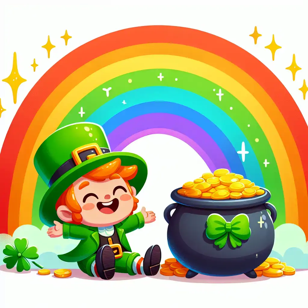A cheerful illustration of a leprechaun with a pot of gold at the end of a rainbow.