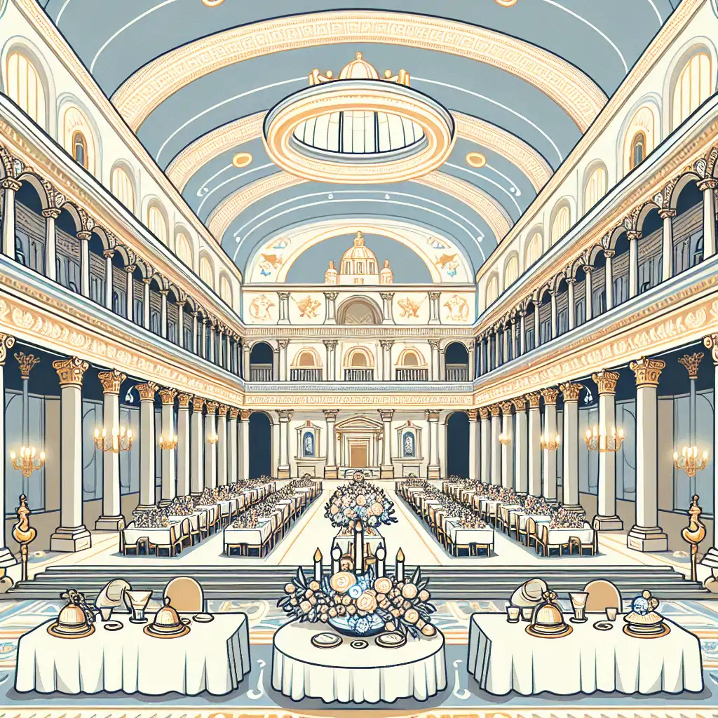A depiction of the Vatican’s grand halls, adorned as they might have been for a Renaissance feast.