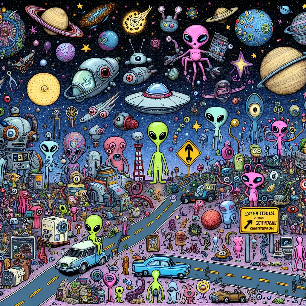 A playful depiction of aliens on a road trip through space, with various cosmic landmarks.