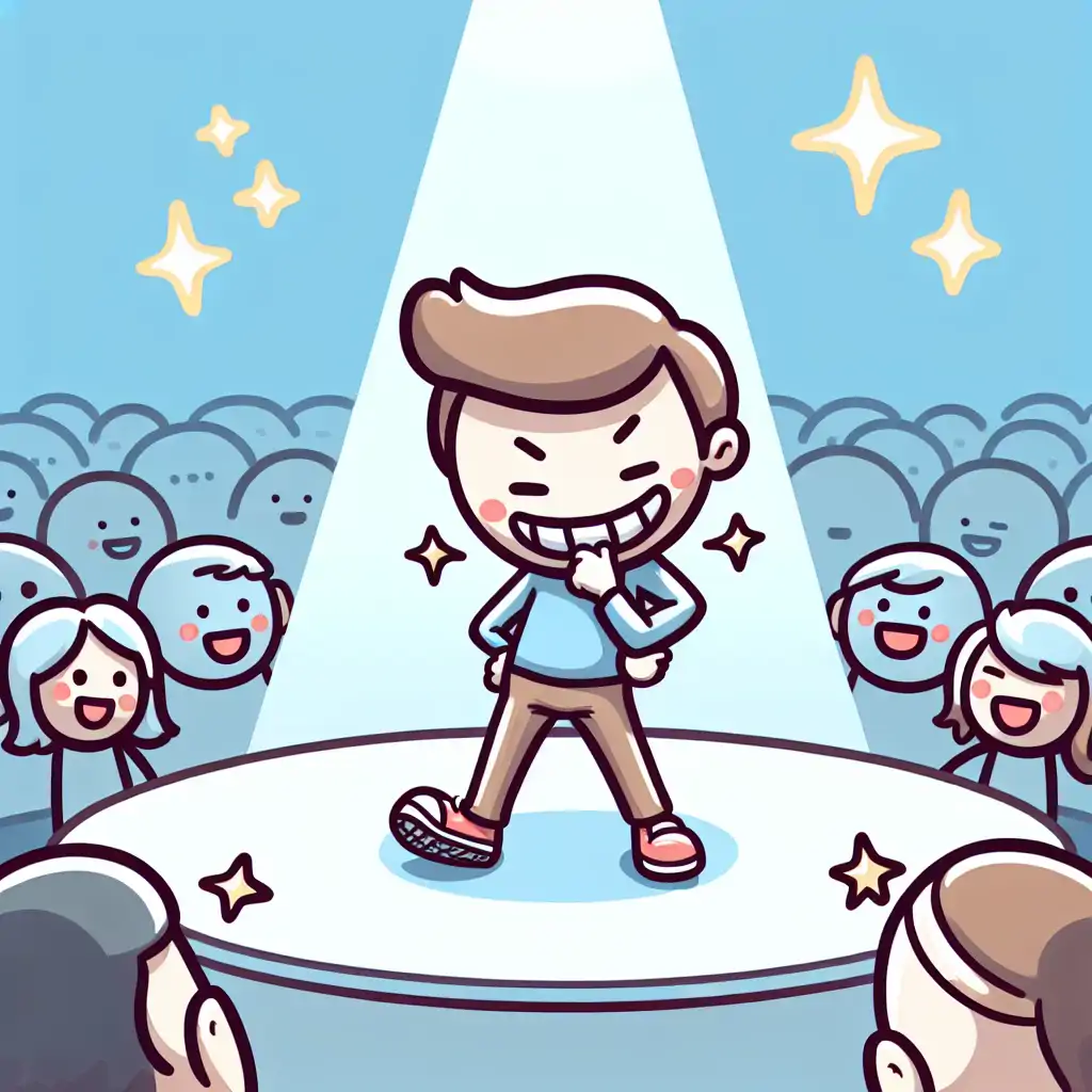 An illustration of a bully standing on stage with an overexaggerated spotlight and an audience giggling at their antics.