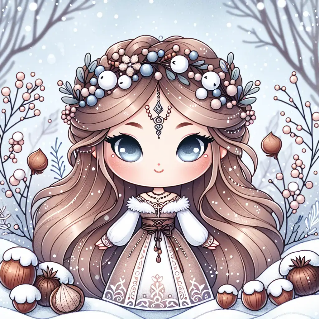 An artistic representation of Skadi, the Norse goddess, surrounded by snowberries and hazelnuts.
