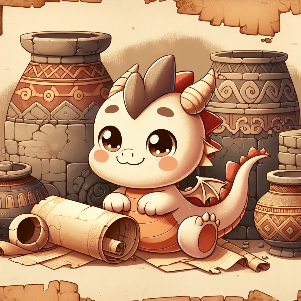 Illustration of a whimsical dragon with a playful expression, surrounded by ancient artifacts.