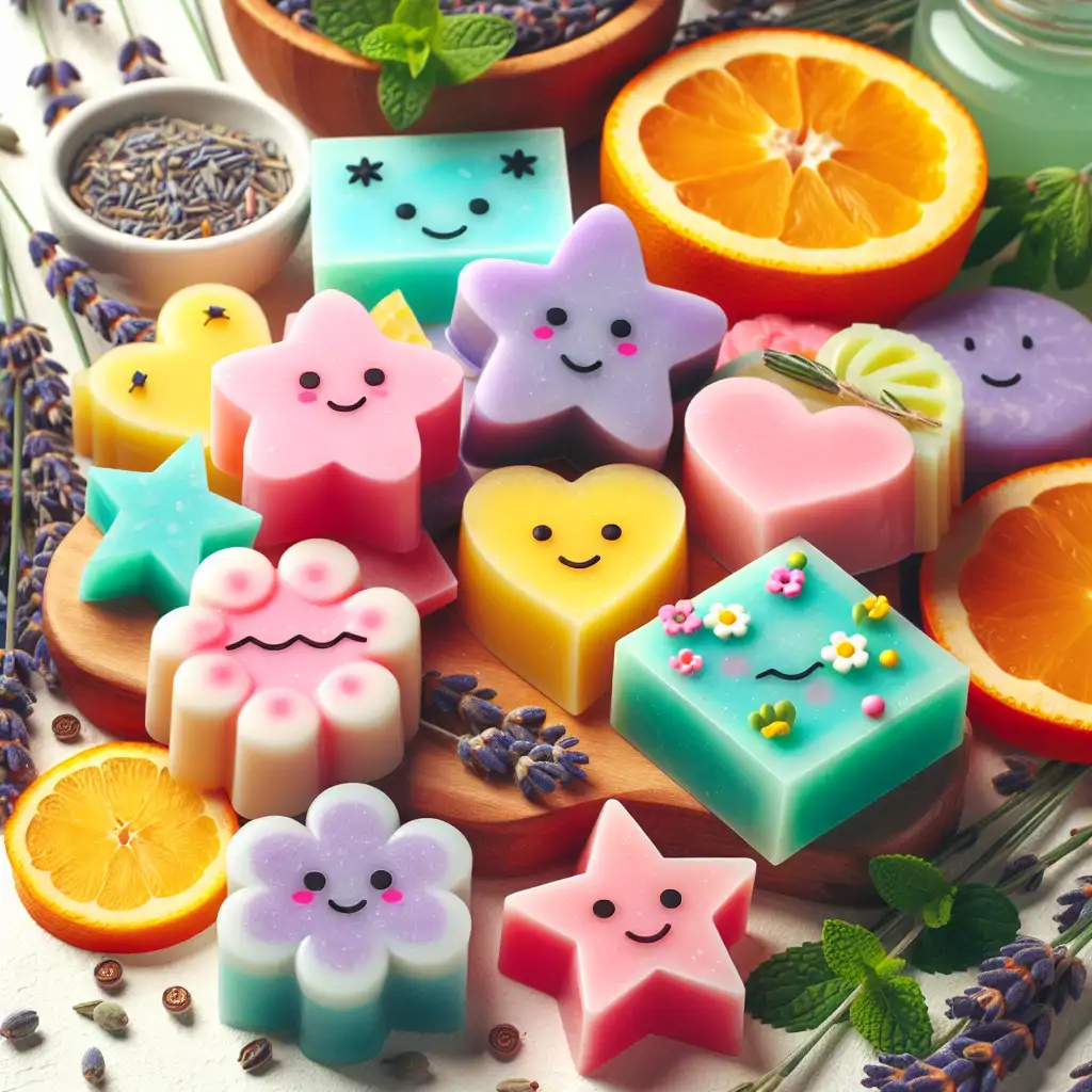 A vibrant image of homemade soap bars in various shapes and colors with natural ingredients around them.
