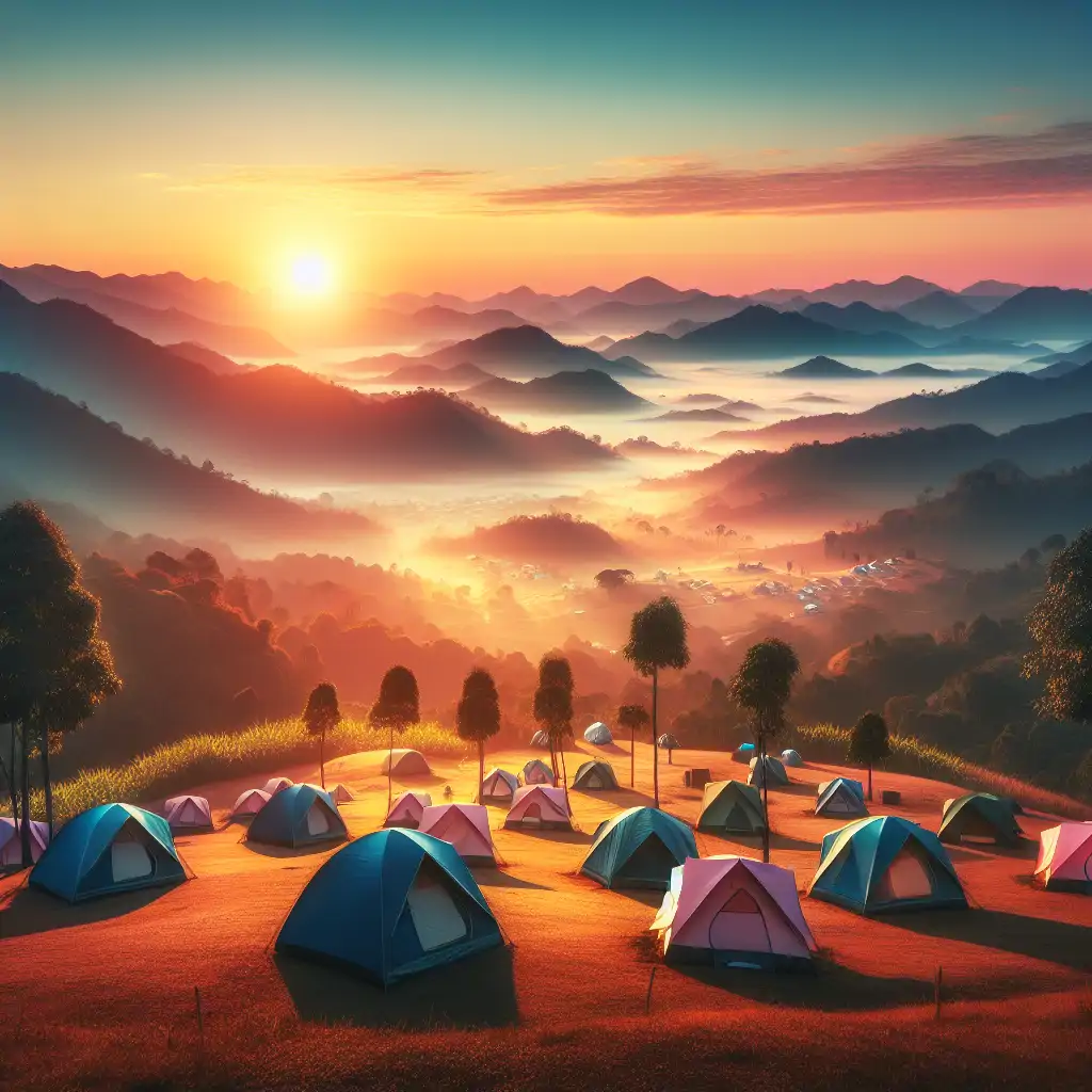 A scenic view of various tents pitched in a picturesque campsite at sunrise.