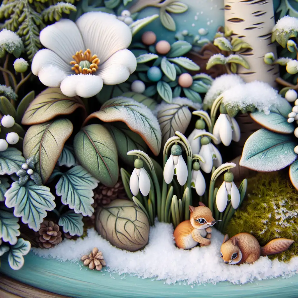 A charming winter garden with frost on leaves and snowdrops peeking through.