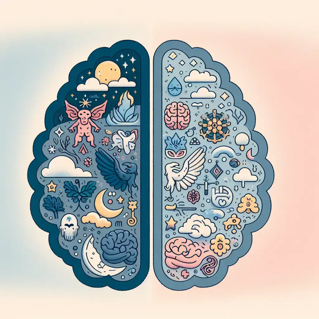 A brain divided into myth and reality sections with creative illustrations.