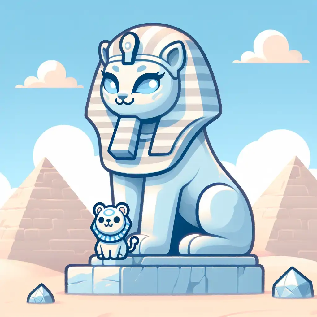 A statue of Bastet, the Egyptian cat goddess with a lioness head, set against a backdrop of pyramids.