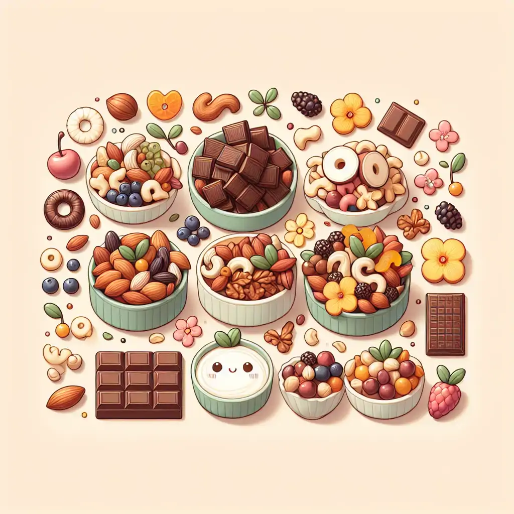 Diverse selection of nuts, dried fruits, and chocolate pieces, all set up in a 'build your own trail mix' bar.