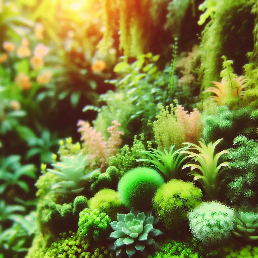 A detailed macro shot of different moss species showcasing diverse textures and hues in a lush garden setting.