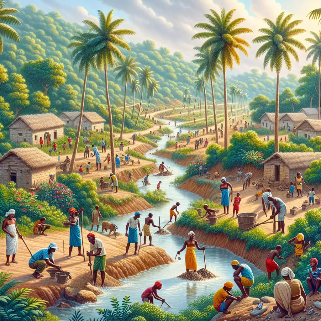 A panoramic view of a Ghanaian village, showcasing lush greenery, coconut trees, and a small stream with miners and children playing along its banks.
