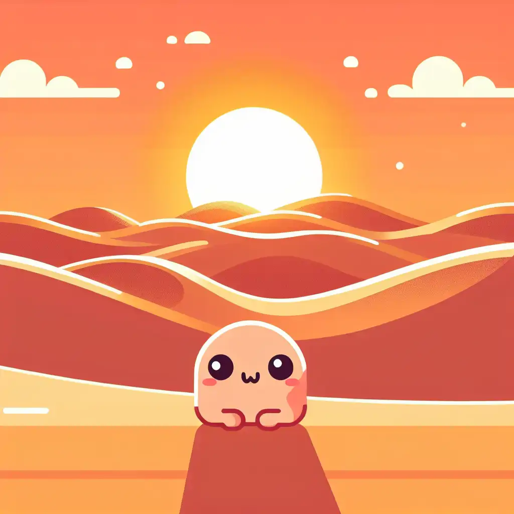 A scenic view of the sun setting over the Sahara Desert, casting long shadows over the sand dunes.