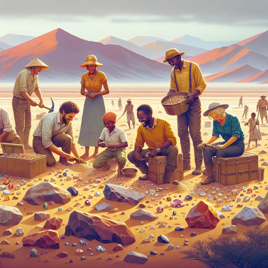 A group of gem hunters in Namibia, surrounded by desert landscape and laughter, digging for stones while sharing stories.