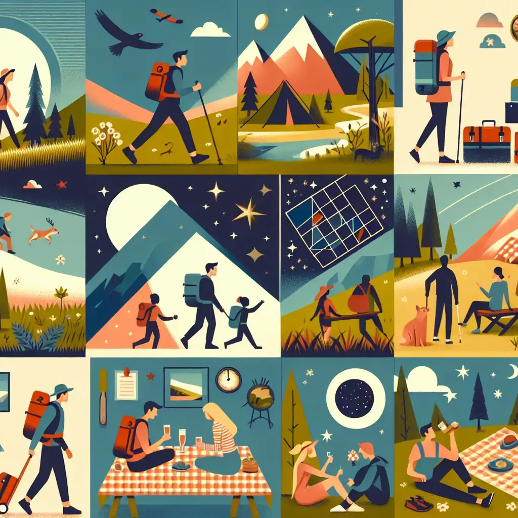 A collage of various outdoor activities, including hiking, picnicking, and stargazing, illustrating a full day of adventure.