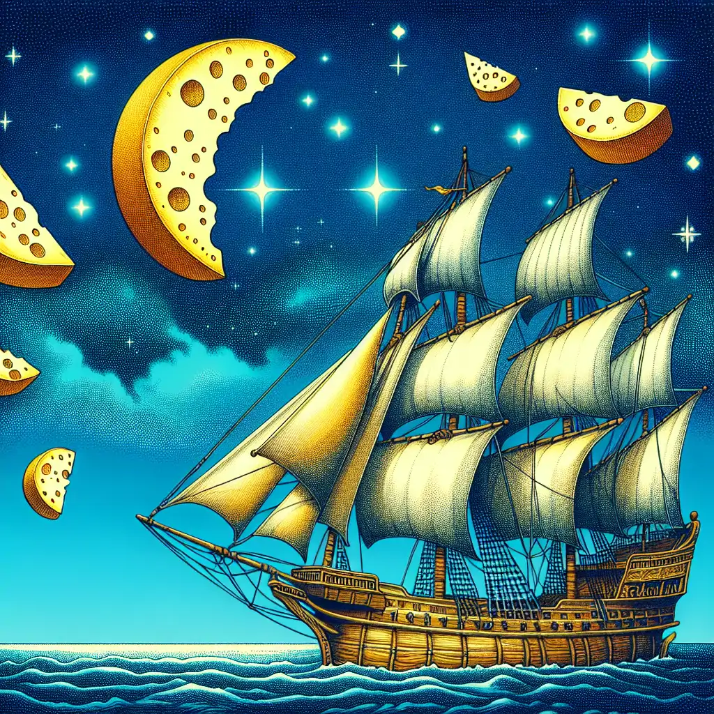 An illustration of an ancient sailing ship with cheese wheels visible on deck, under a clear, blue sky.