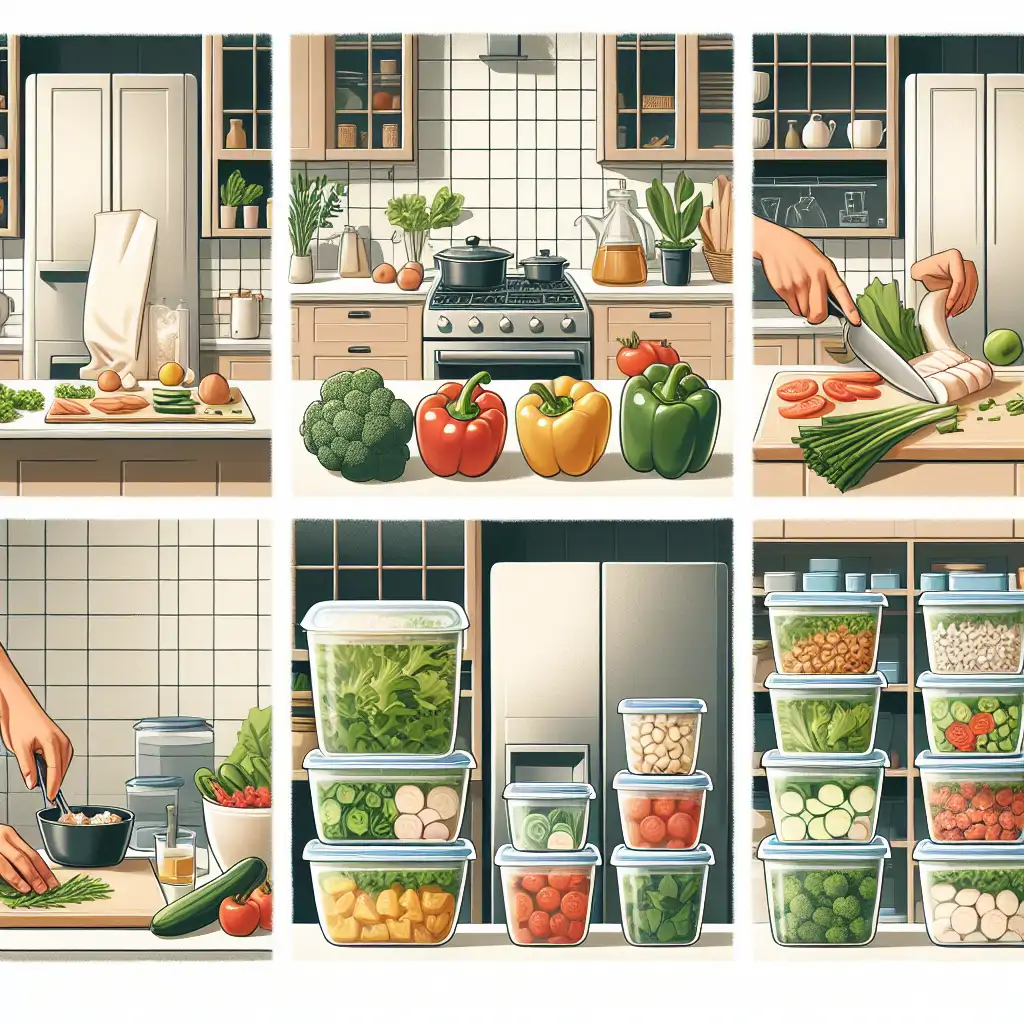 A step-by-step image series showing the process of meal prepping from cooking to storing.