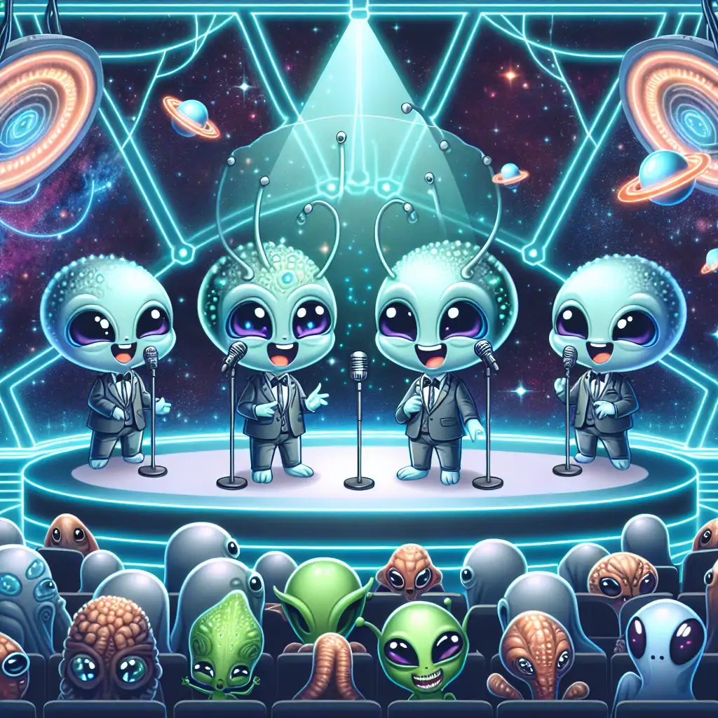 An image depicting aliens performing stand-up comedy in a futuristic intergalactic club.