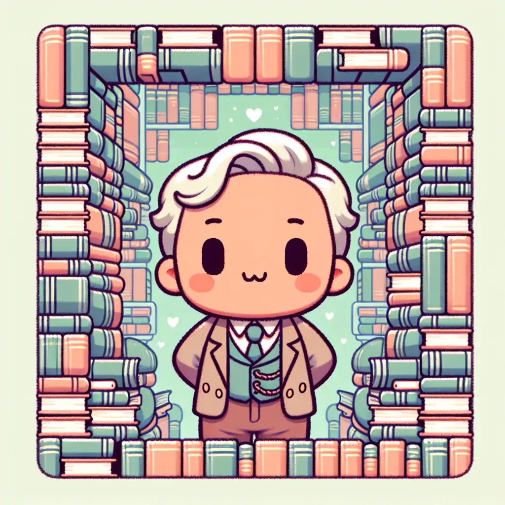 A charming depiction of Bertram surrounded by towering stacks of books in his labyrinthine library.