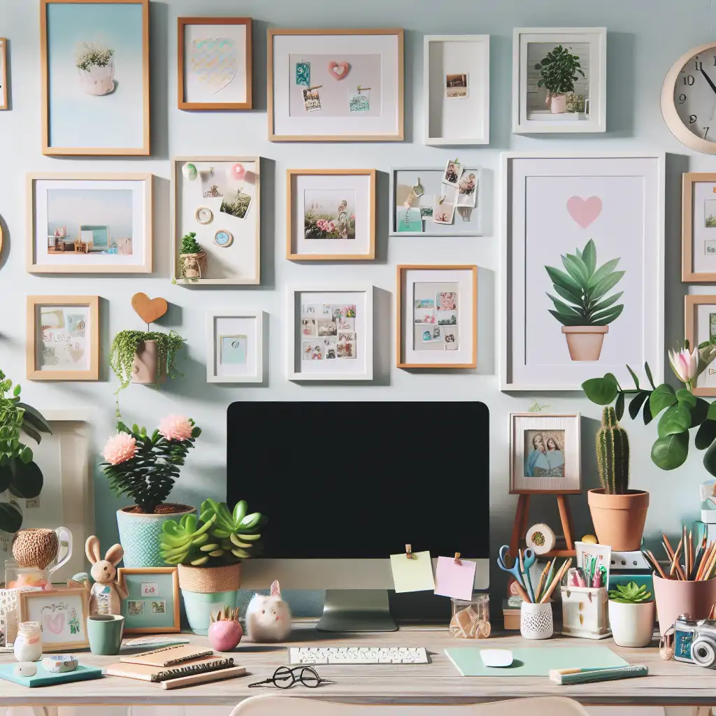 An inviting and well-structured workspace with personal touches and greenery.