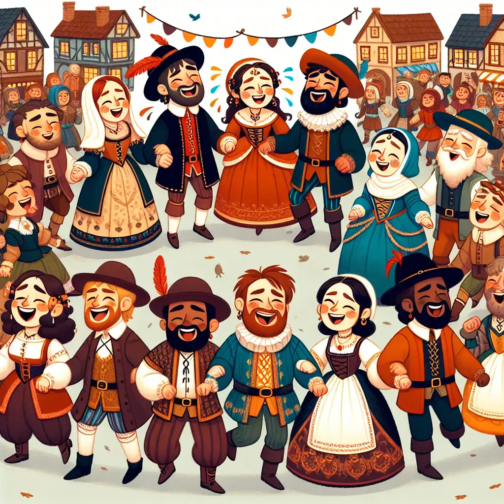 An illustration depicting medieval citizens dancing and collapsing from exhaustion.