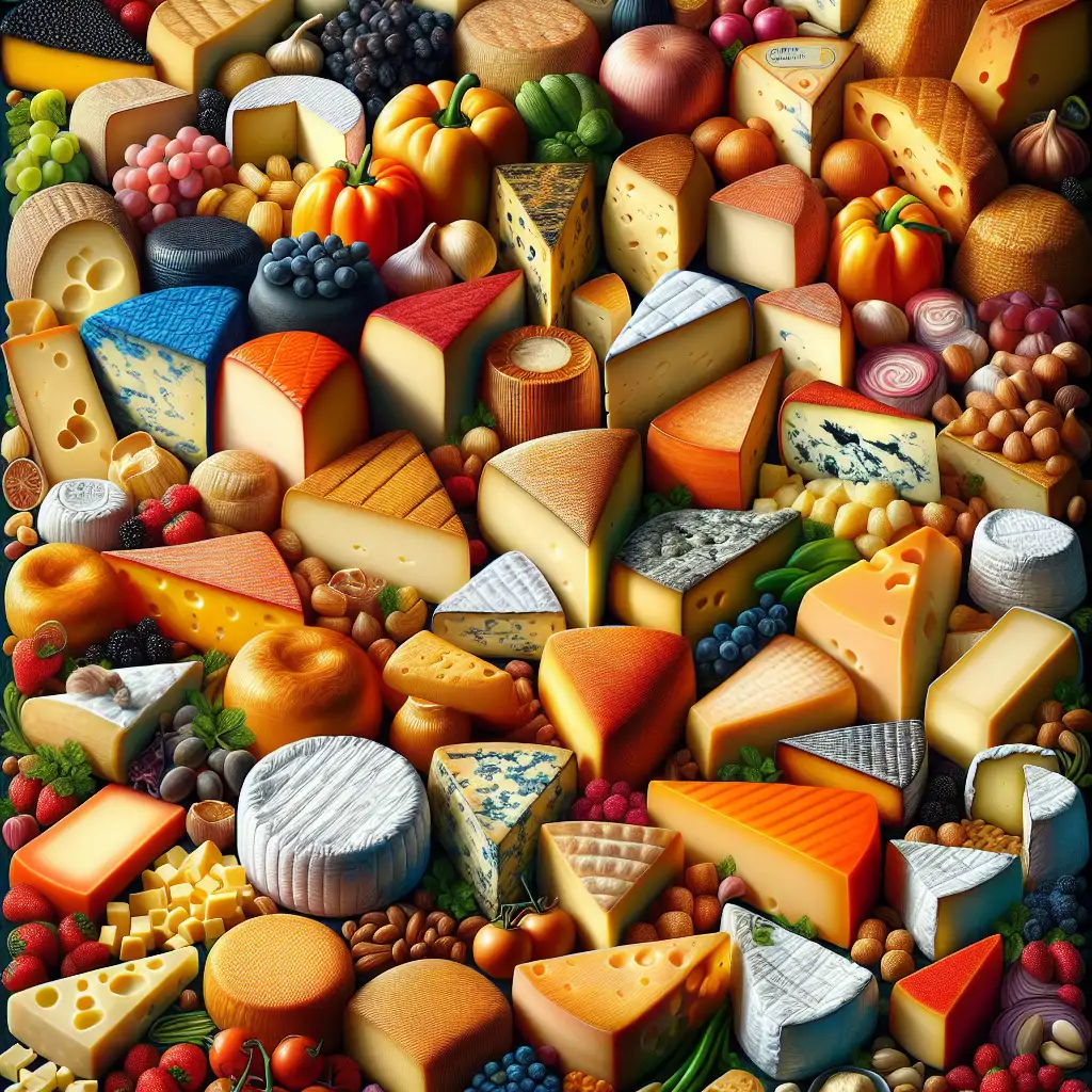 A colorful display of various cheeses from around the world, each labeled with their quirky names. The array includes Gouda, Brie, and a cheese labeled 'Stinking Bishop' among others.