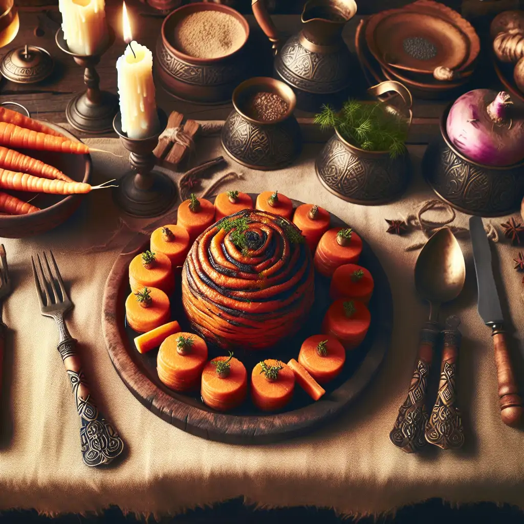 A rustic Viking feast table set with spiced carrot and turnip roast as the centerpiece.