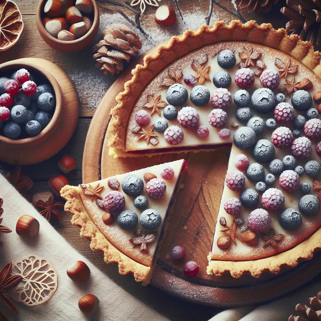A cozy winter scene with slices of Vegan Snowberry and Hazelnut Tart on a rustic wooden table.