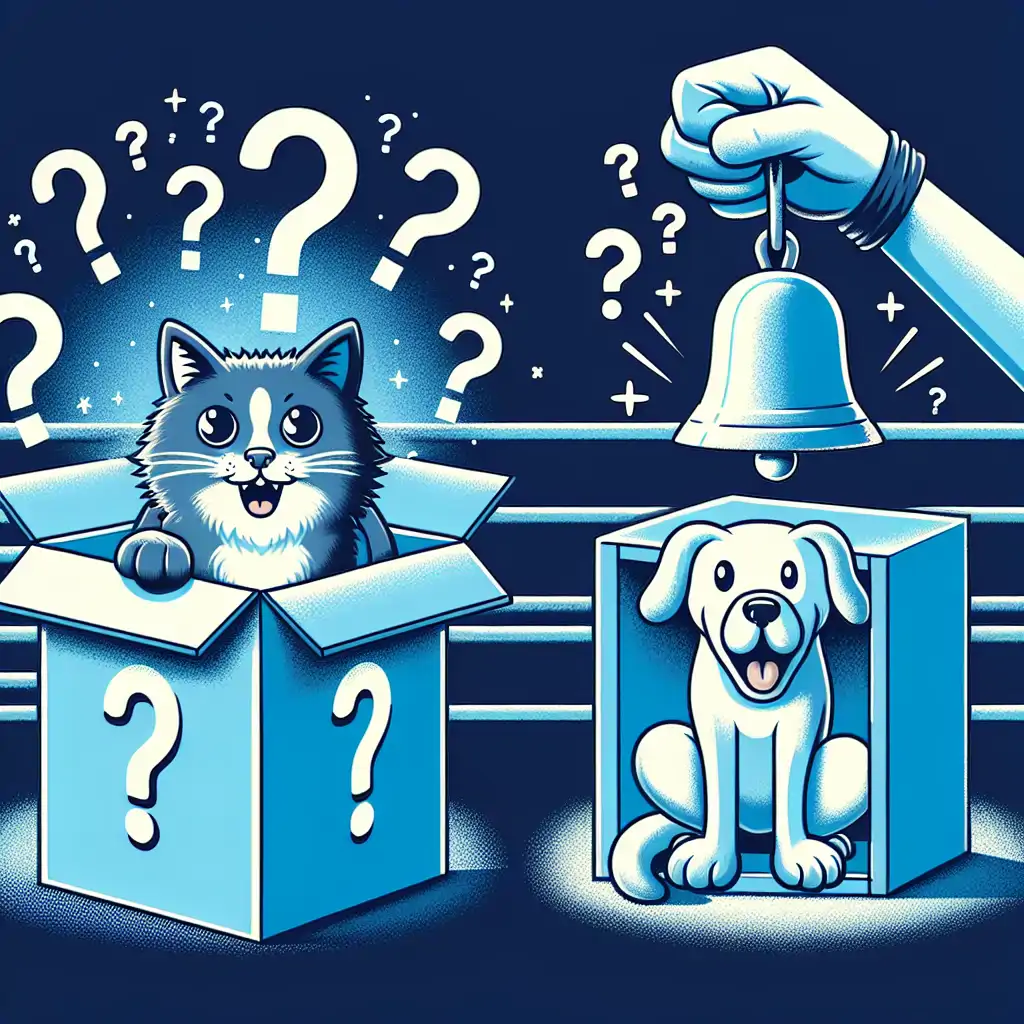 A humorous illustration of Schrodinger's Cat and Pavlov's Dog facing off in a boxing ring, each in their characteristic scenarios - one in a box with question marks around it and the other with a bell dangling above its head.