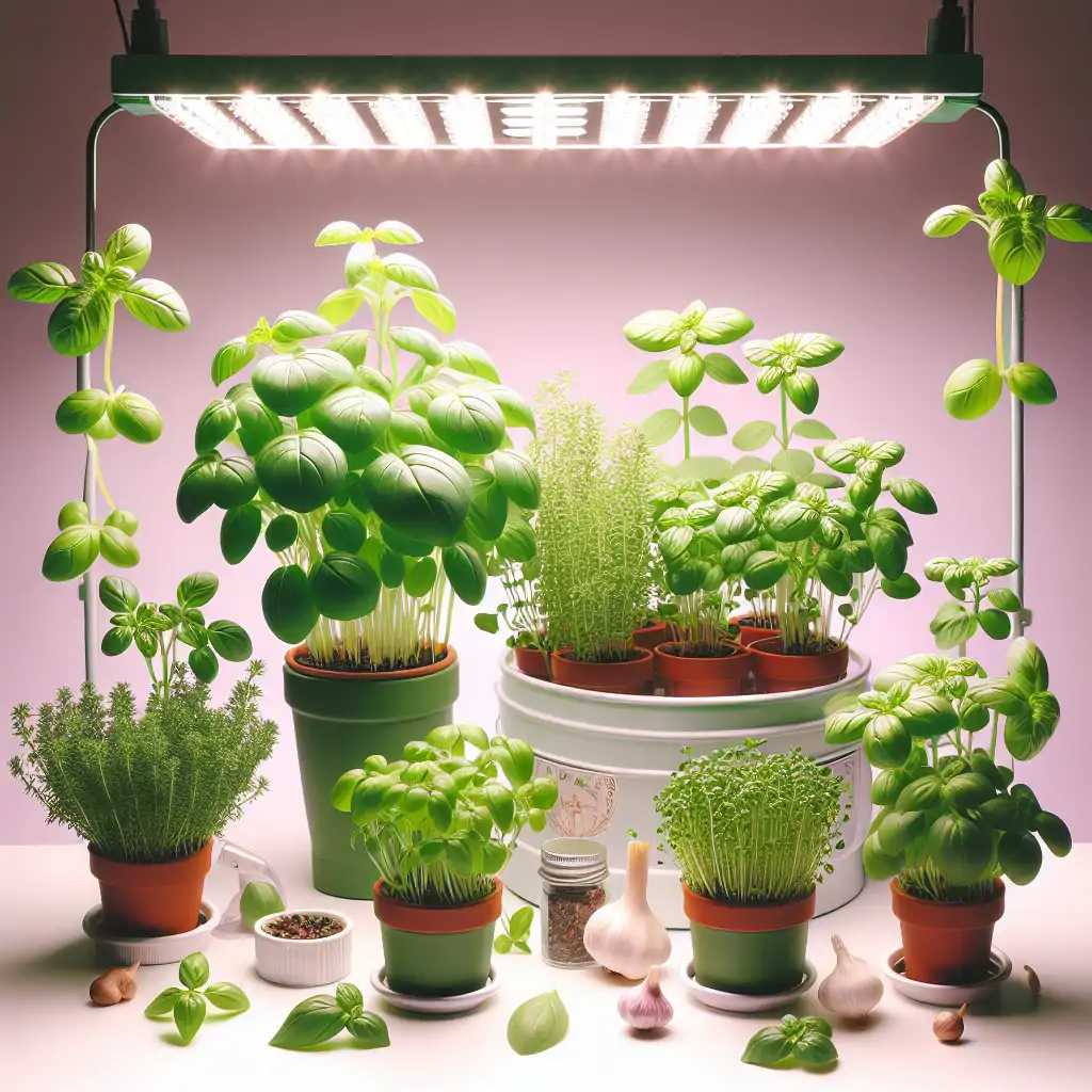 A variety of culinary herbs thriving under a grow light setup, showcasing lush green foliage.