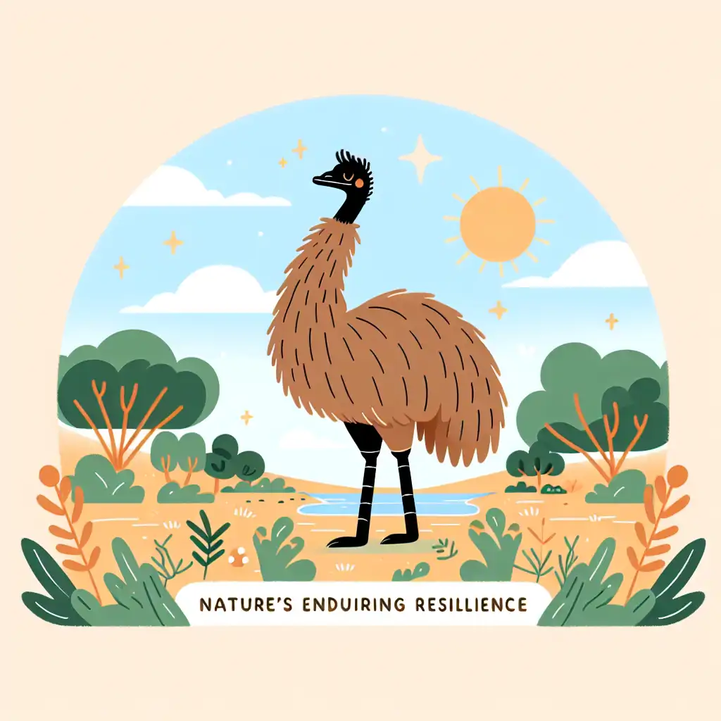 A triumphant emu standing peacefully in an Australian field, a symbol of nature’s enduring resilience.