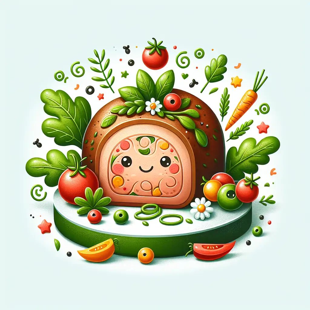 A deliciously plated modern meatloaf, garnished with fresh herbs and vibrant veggies.