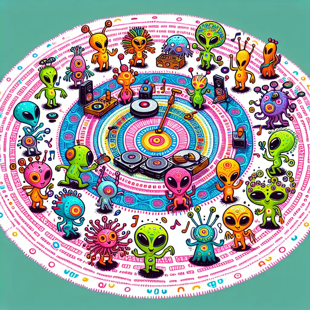 An artist's rendition of a whimsical alien dance party taking place within a crop circle, with extraterrestrial DJs and dancers.