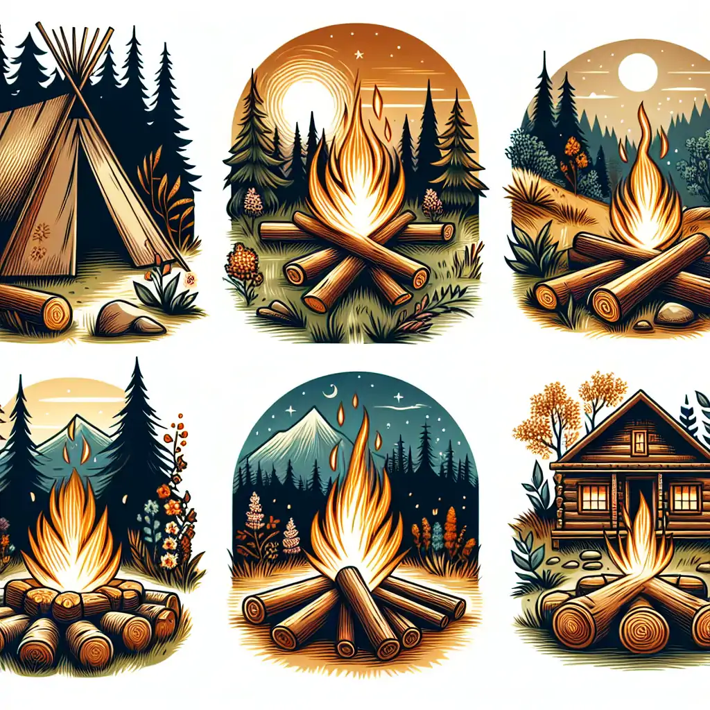 A variety of fire lays and their construction, showcasing teepee and log cabin styles with flames dancing merrily.