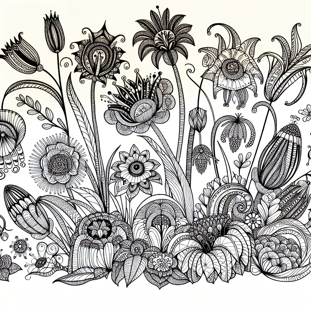 A detailed illustration depicting a variety of unusual flowers, each with its unique features, growing together in harmony.