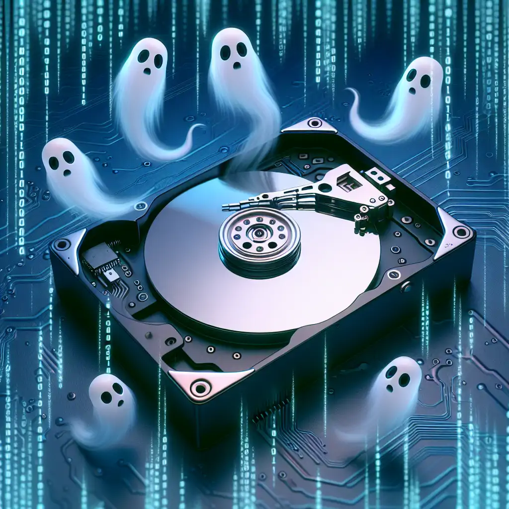 A hard drive with ethereal wisps and ghostly faces emerging from it, against a backdrop of binary code.